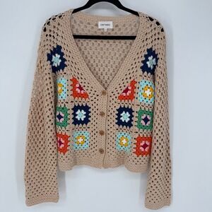 DRIFTWOOD GRANNY SQUARE CROCHET CARDIGAN SWEATER LARGE BOHO HIPSTER